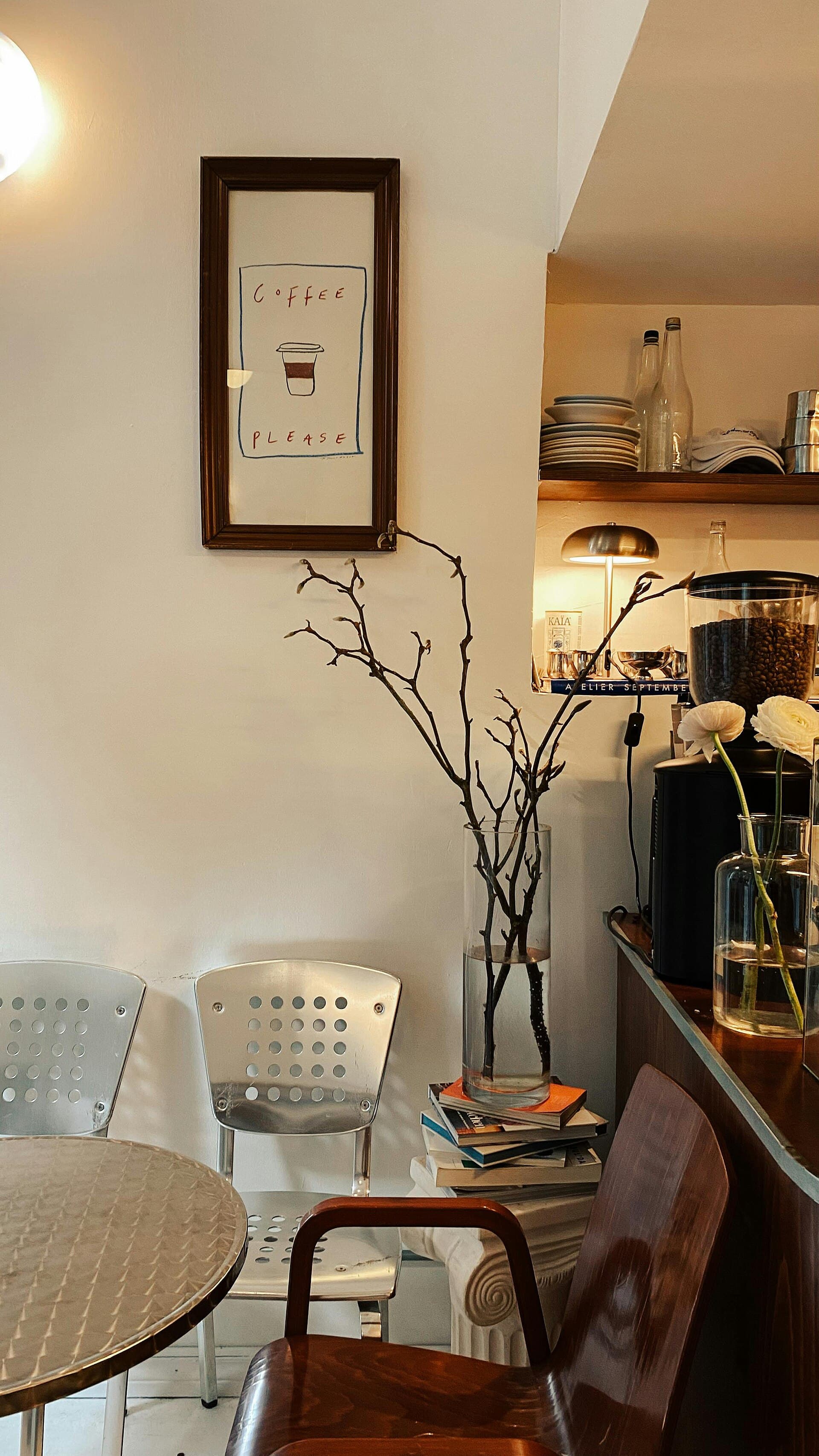 Cafe interior with a cup of coffee on a wooden table