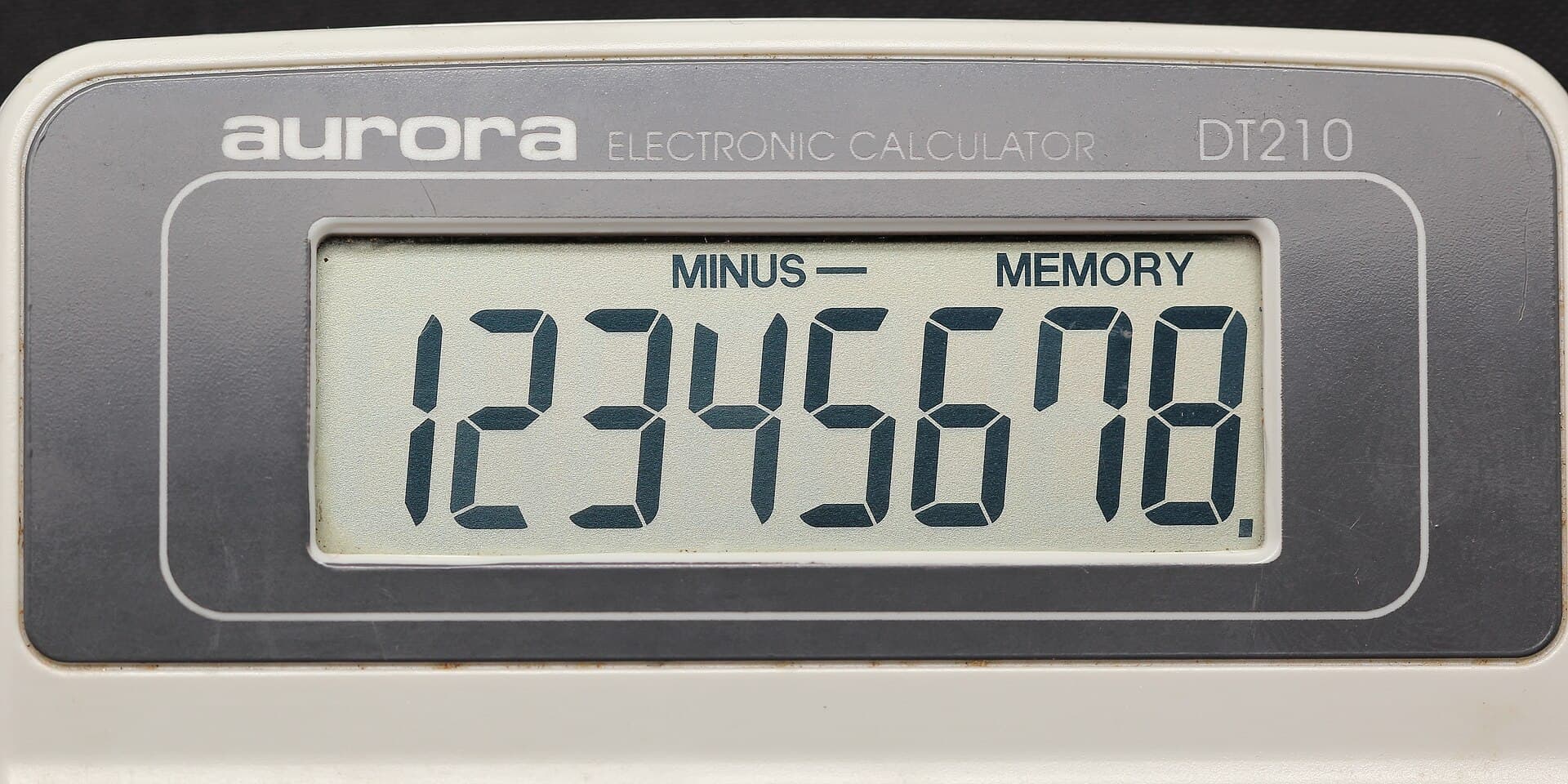 Close-up of an Aurora electronic calculator keypad and display