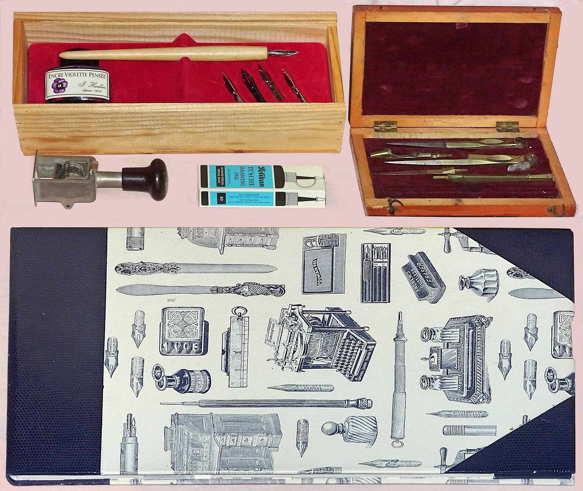 Stationery, stamps and desk materials laid out on a table